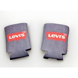 Levis Denim Print Neoprene Can Cooler Koozie Set of 2 Red Batwing Logo Two Horse